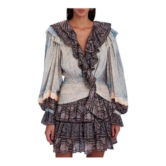 Ulla Johnson Sara Metallic Blue Stripe Ruffle Long Sleeve Silk Mini Dress - Picture 4 of 10